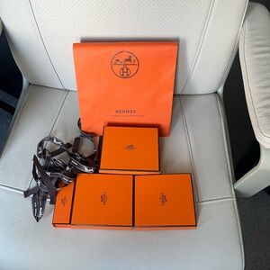 Authentic Hermes gift boxes, ribbons, and a paper baggie